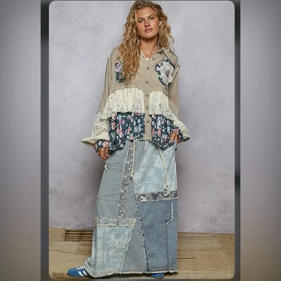 POL grey gauze crochet lace stitched flower floral cotton button jacket coat - Picture 6 of 7